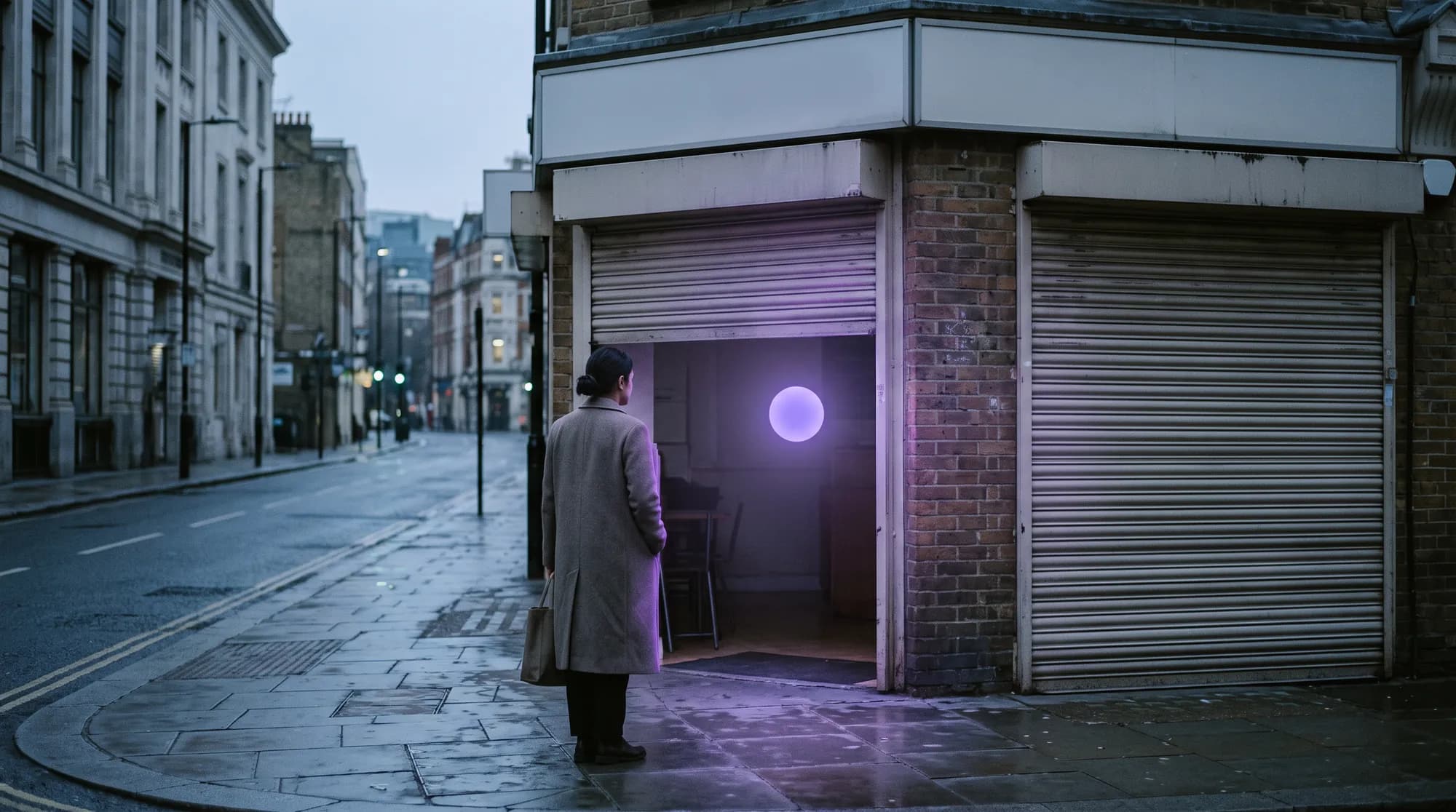 An empty street corner at dawn, a glowing orb by a café door.
