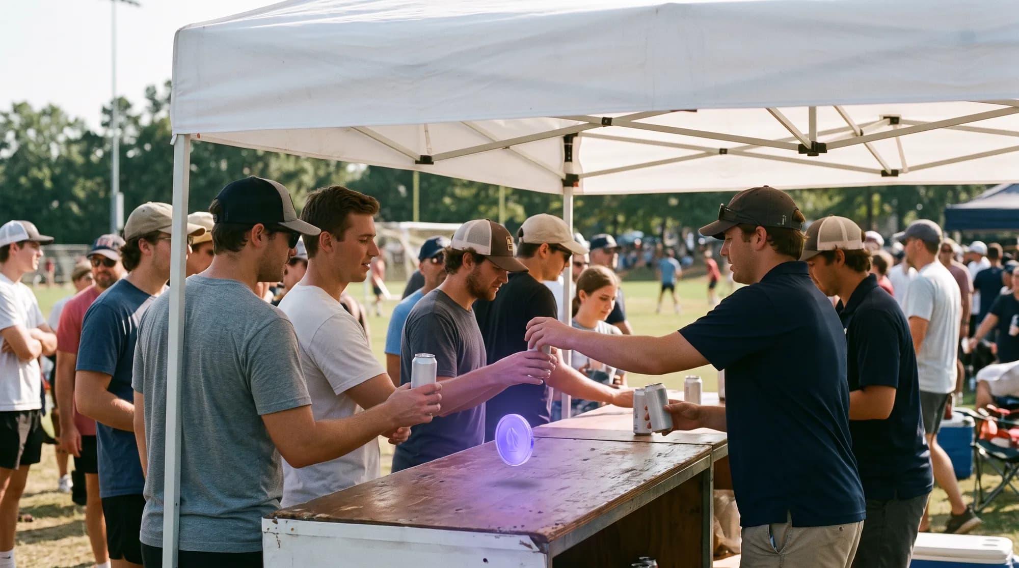 A sponsor tent at a sports event, a glowing coin above the counter.