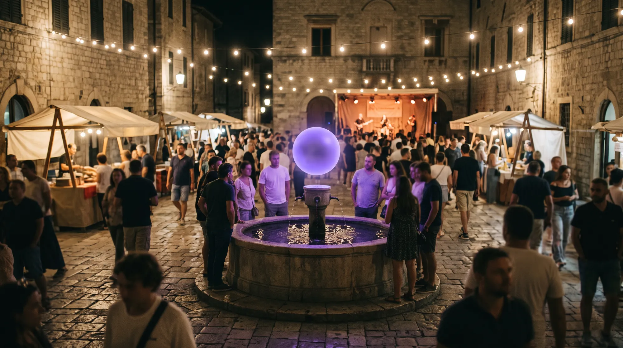 A night festival in an old stone square, a glowing orb above the fountain.