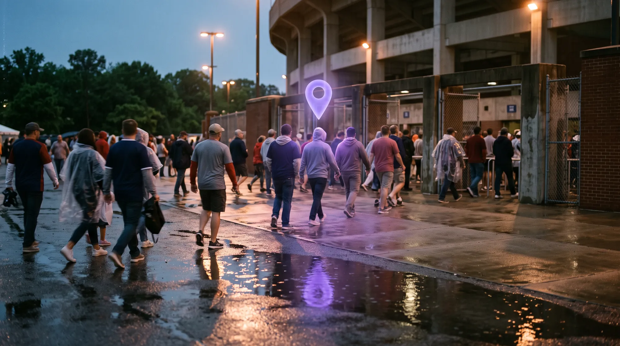 Fans walking toward stadium gates at dusk, a glowing pin above one lane.
